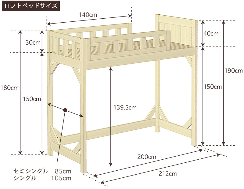 国産ひのきロフトベッドサイズ・寸法詳細