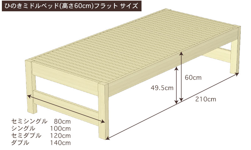 国産ひのきミドルベッド(高さ60cm)フラットサイズ・寸法詳細