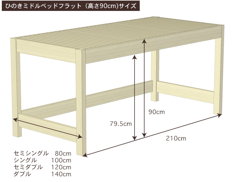 国産ひのきミドルベッド(高さ90cm)フラット・ハシゴ付きサイズ・寸法詳細