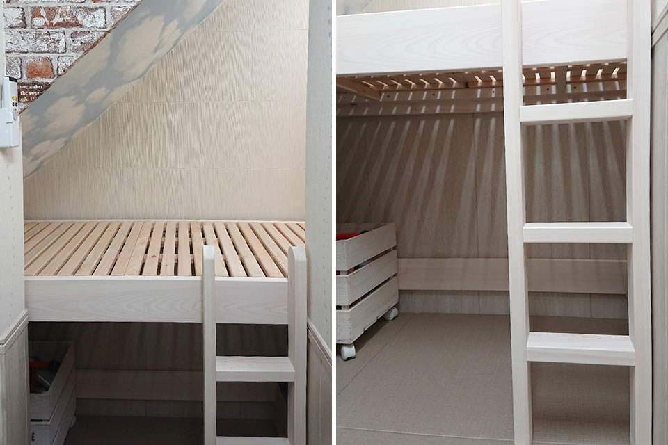 階段下の有効活用に幅70cmロフトベッドを置いて収納スペースのも確保
