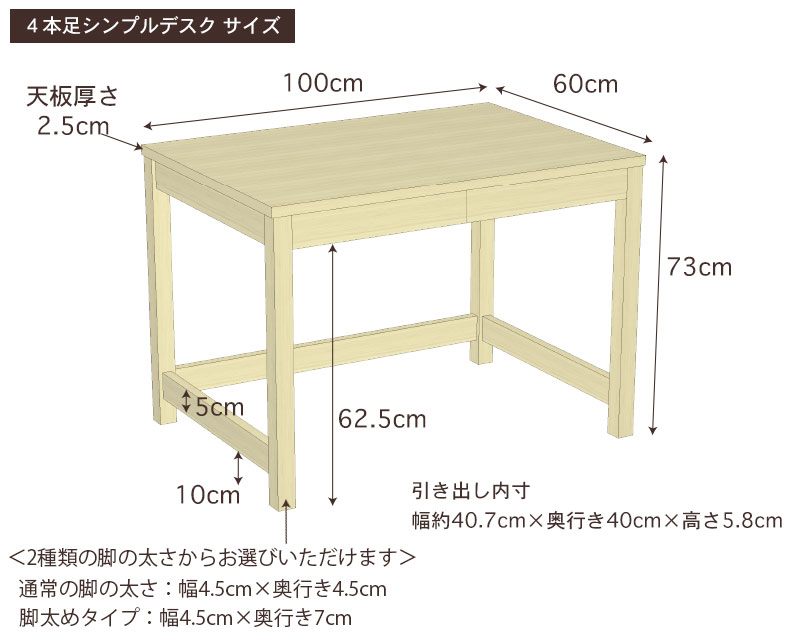 4本足シンプルデスク・寸法詳細