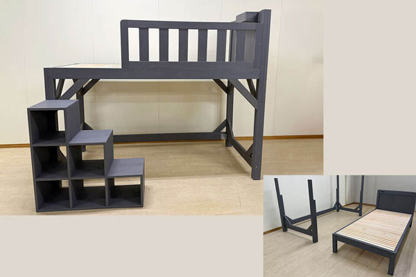 ロフトベッドの寝台の高さを、低いベッドの高さに変更可能な柱補強の画像